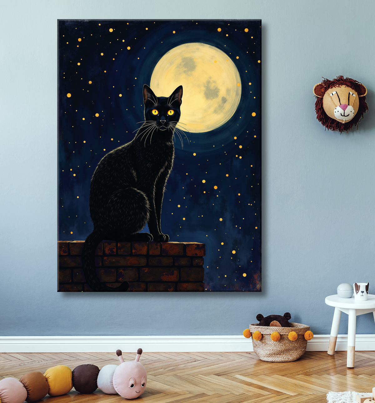 Tableau chat féerique - Illustration magique dans un univers étoilé avec decor