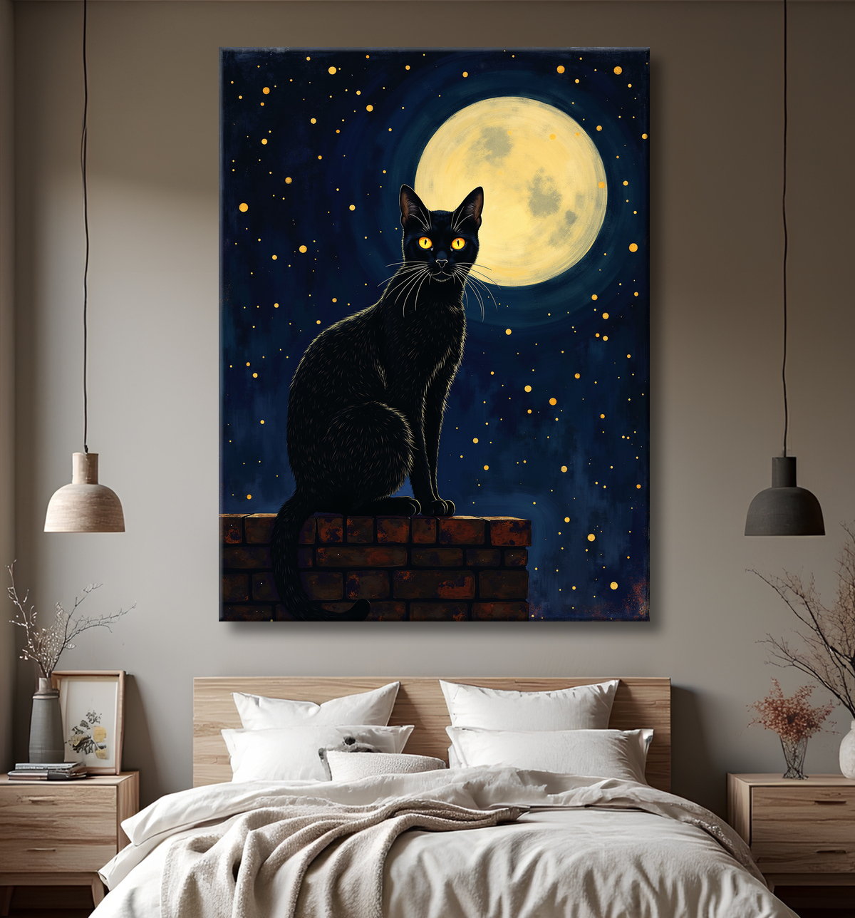 Tableau chat féerique - Illustration magique dans un univers étoilé avec decor