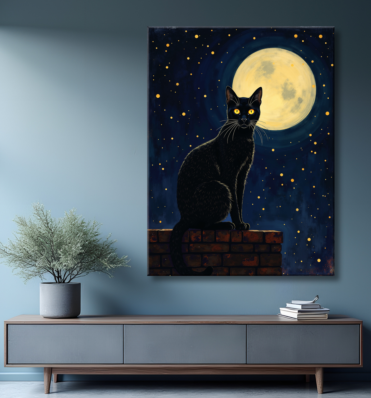 Tableau chat féerique - Illustration magique dans un univers étoilé avec decor