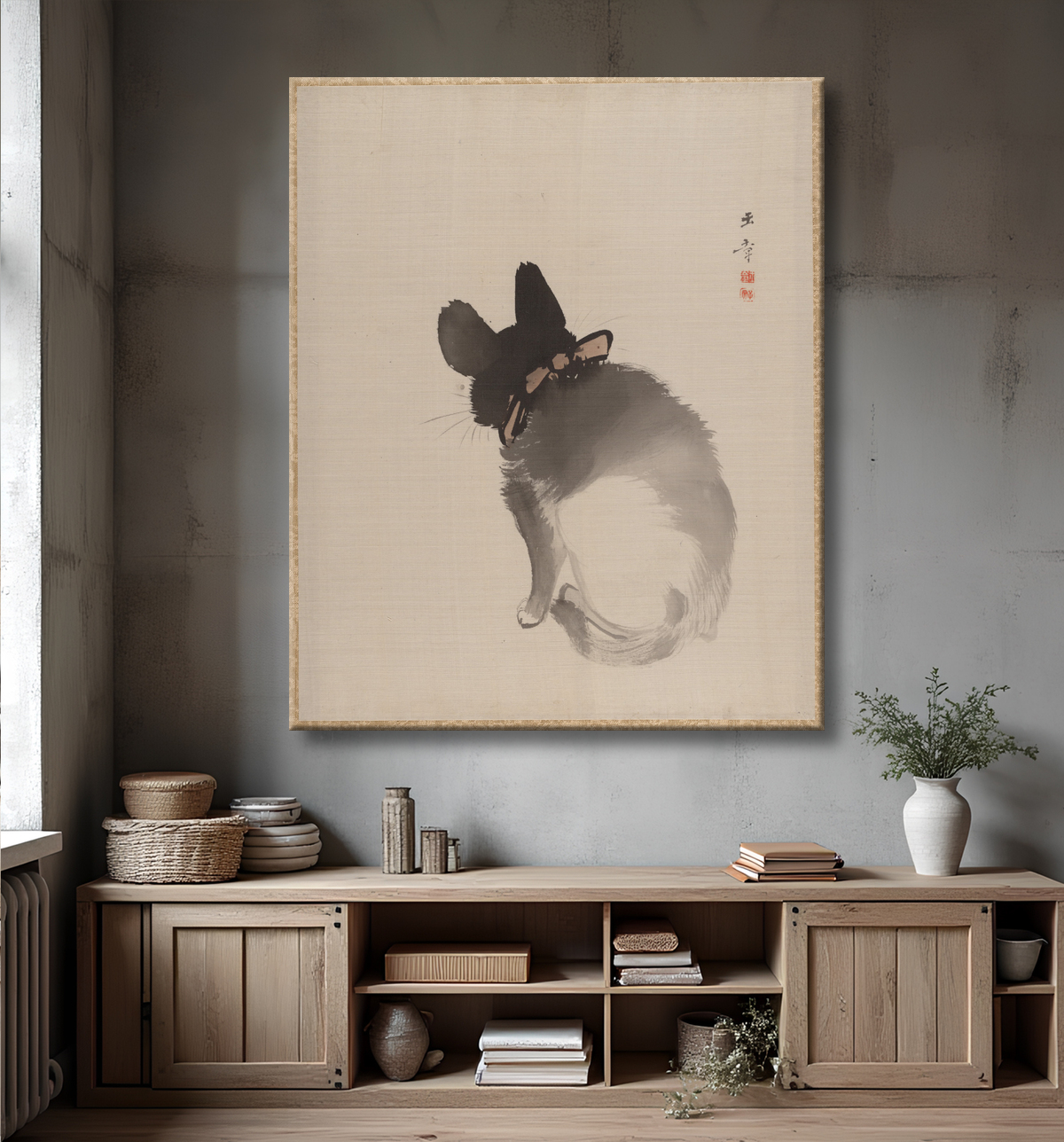 Reproduction Chat vu de dos de Kawabata Gyokushō avec decor
