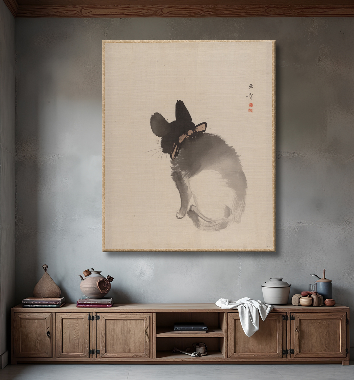 Reproduction Chat vu de dos de Kawabata Gyokushō avec decor