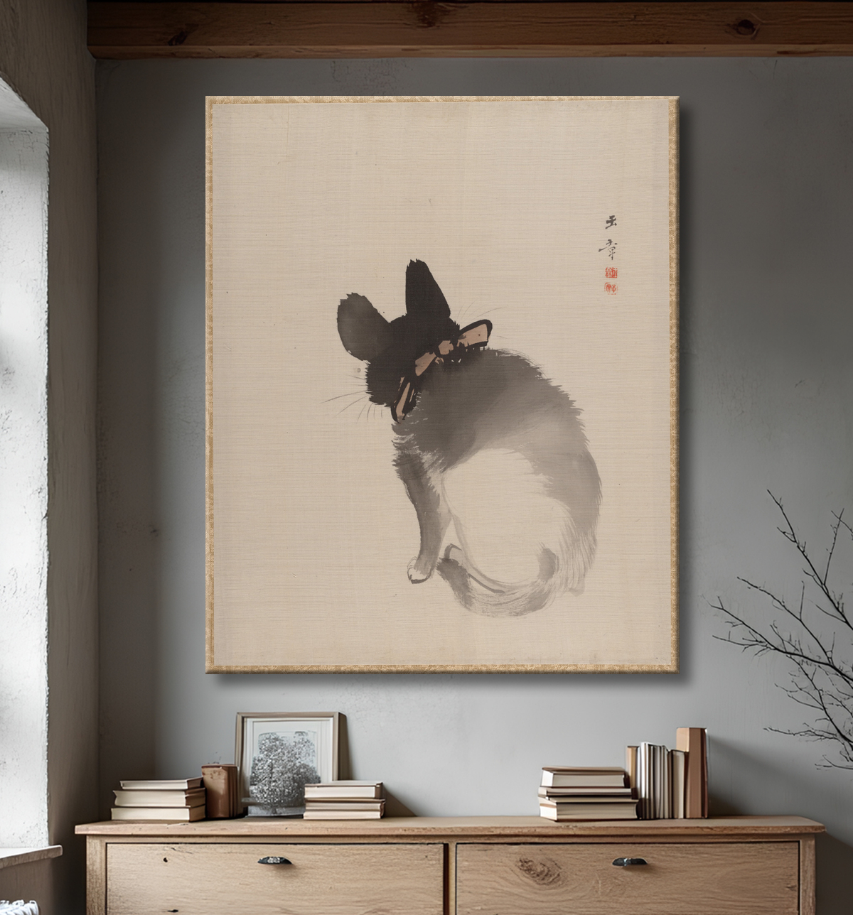 Reproduction Chat vu de dos de Kawabata Gyokushō avec decor