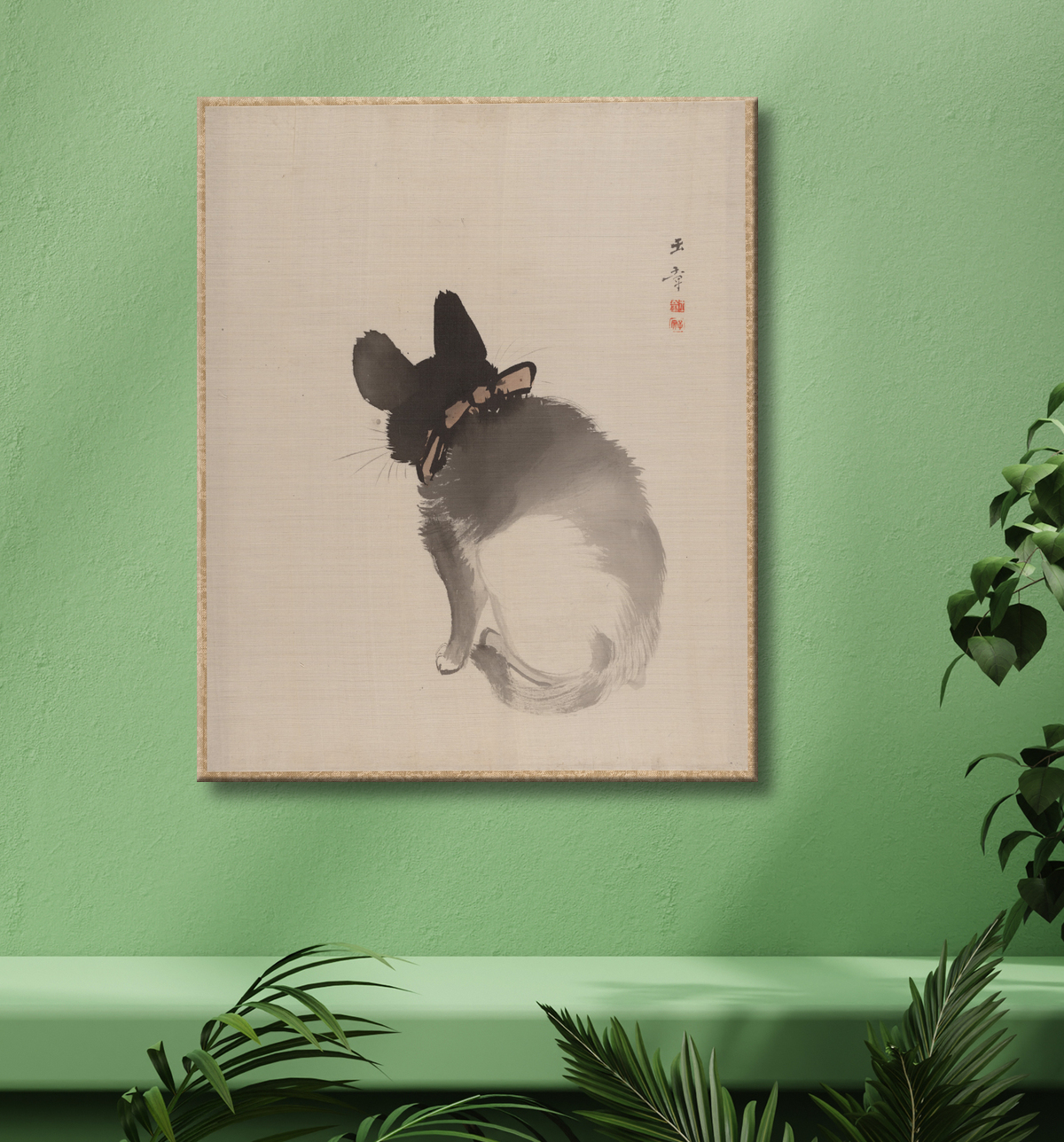 Reproduction Chat vu de dos de Kawabata Gyokushō avec decor