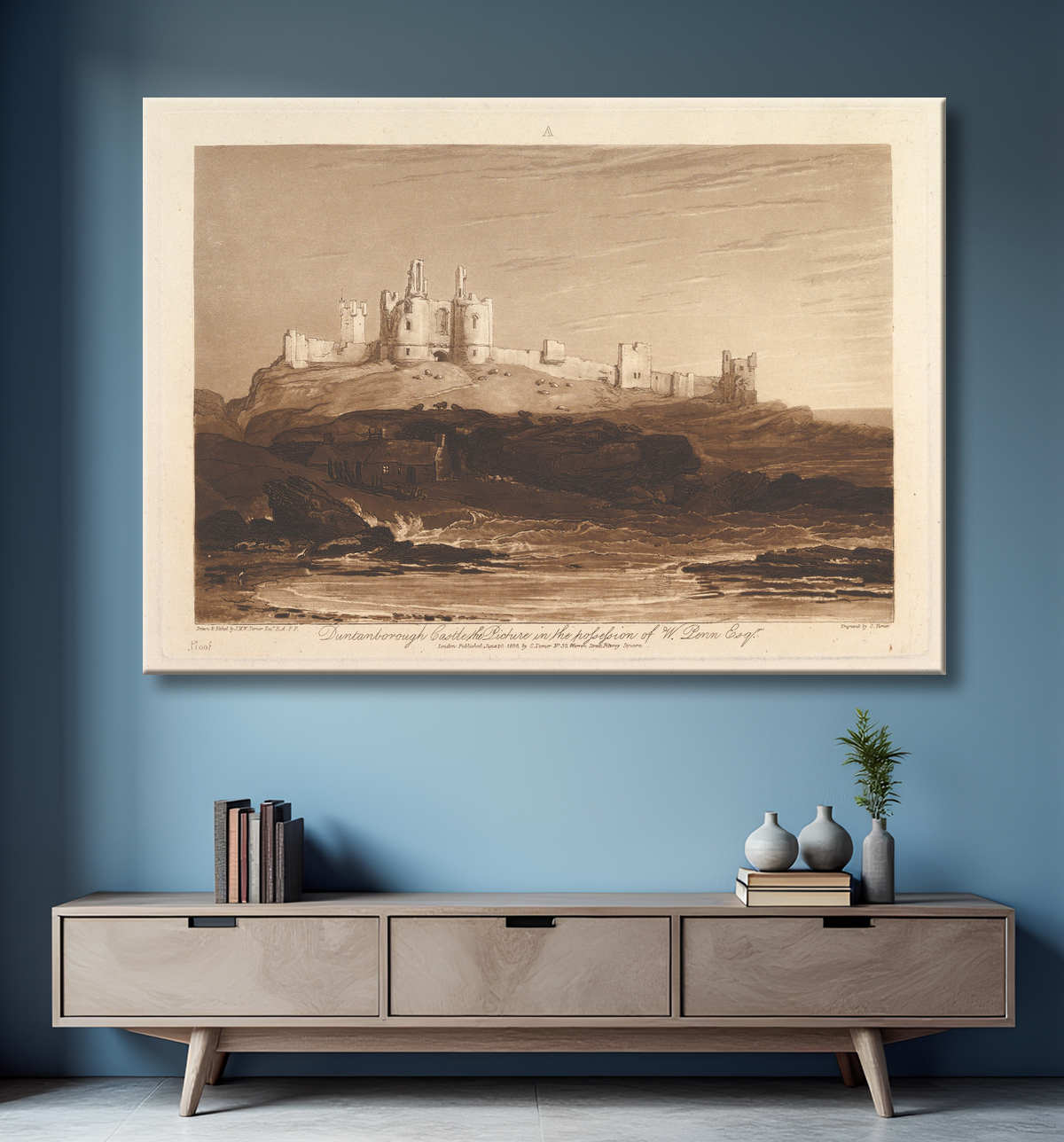Reproduction Château de Dunstanborough (The Book Studies, Partie 3, planche 14) de Joseph Mallord William Turner avec decor