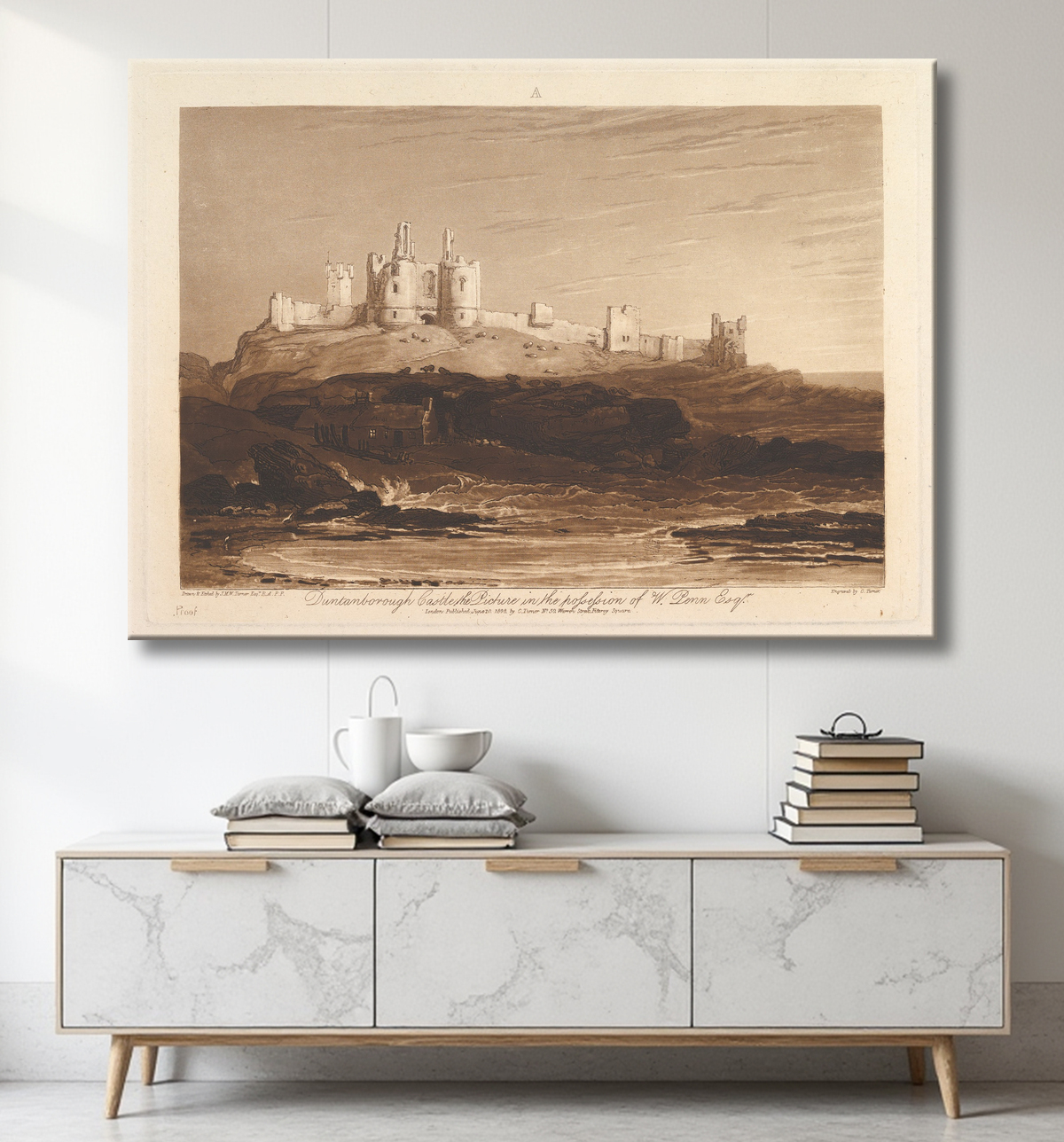 Reproduction Château de Dunstanborough (The Book Studies, Partie 3, planche 14) de Joseph Mallord William Turner avec decor