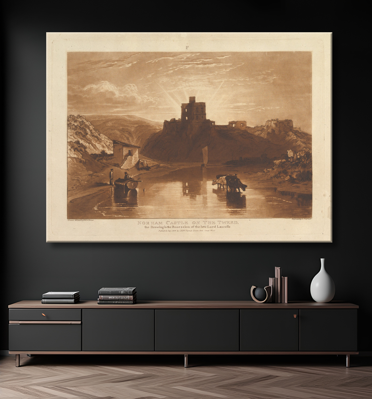 Reproduction Château de Norham sur le Tweed (Liber Studiorum, partie XII, planche 57) de Joseph Mallord William Turner avec decor