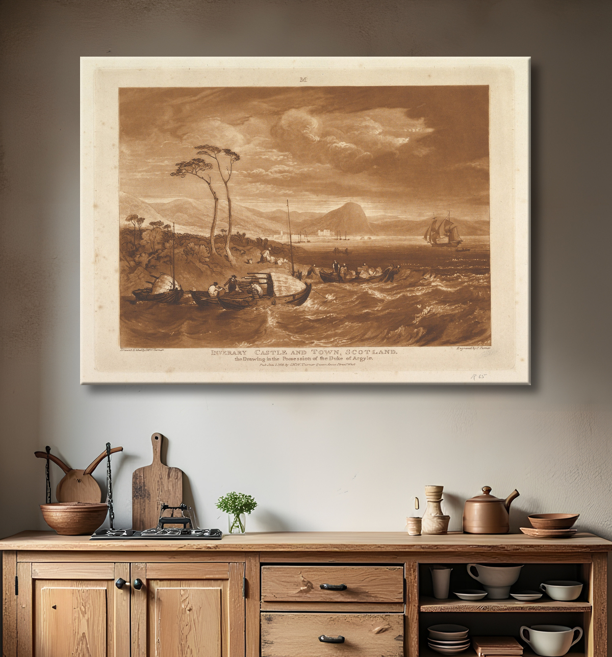 Reproduction Château et ville d'Inverary, Écosse (Liber Studiorum, partie XIII, planche 65) de Joseph Mallord William Turner avec decor