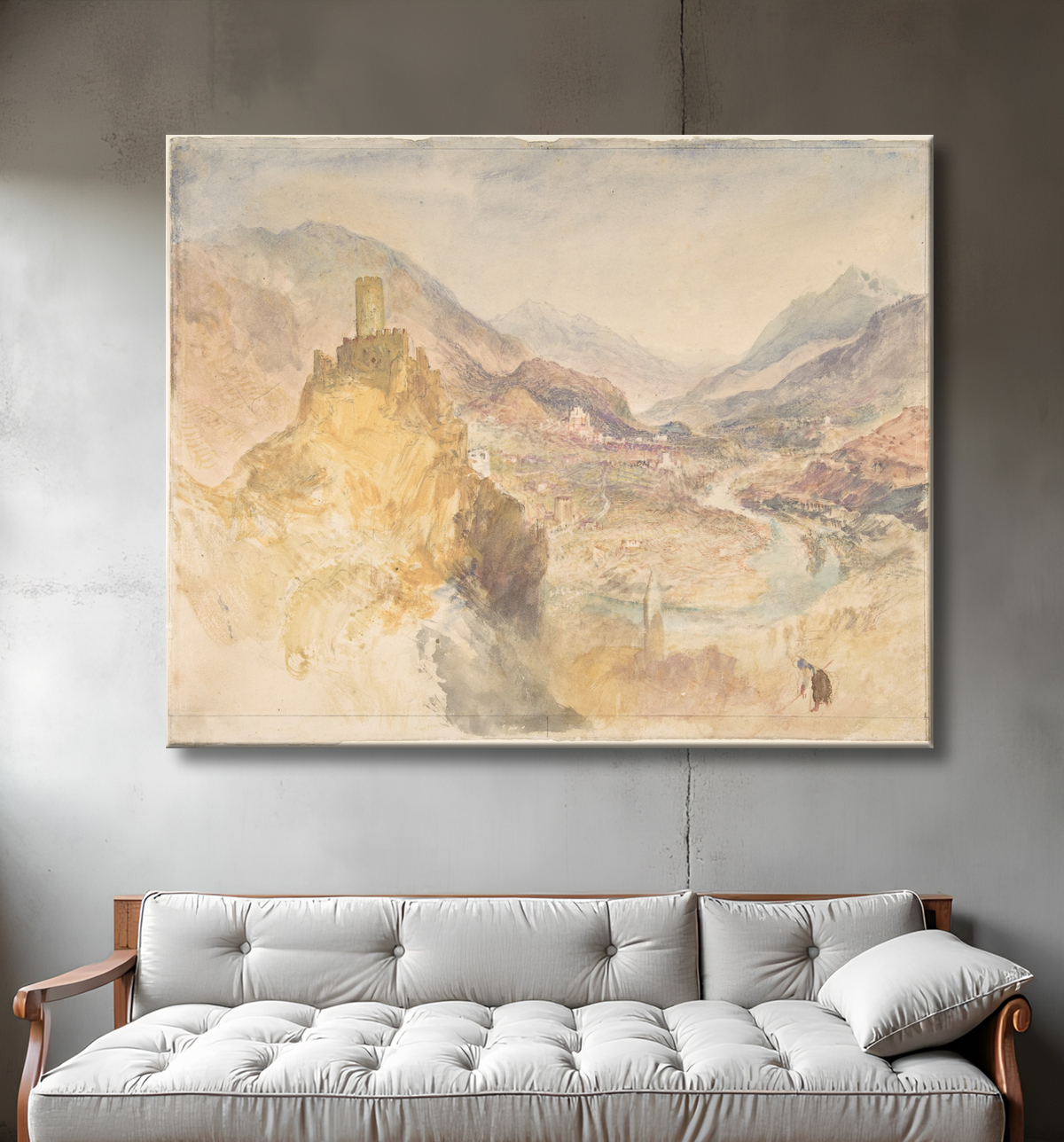 Reproduction Chatel Argent et le Val d'Aoste vu du haut de Villeneuve de Joseph Mallord William Turner avec decor