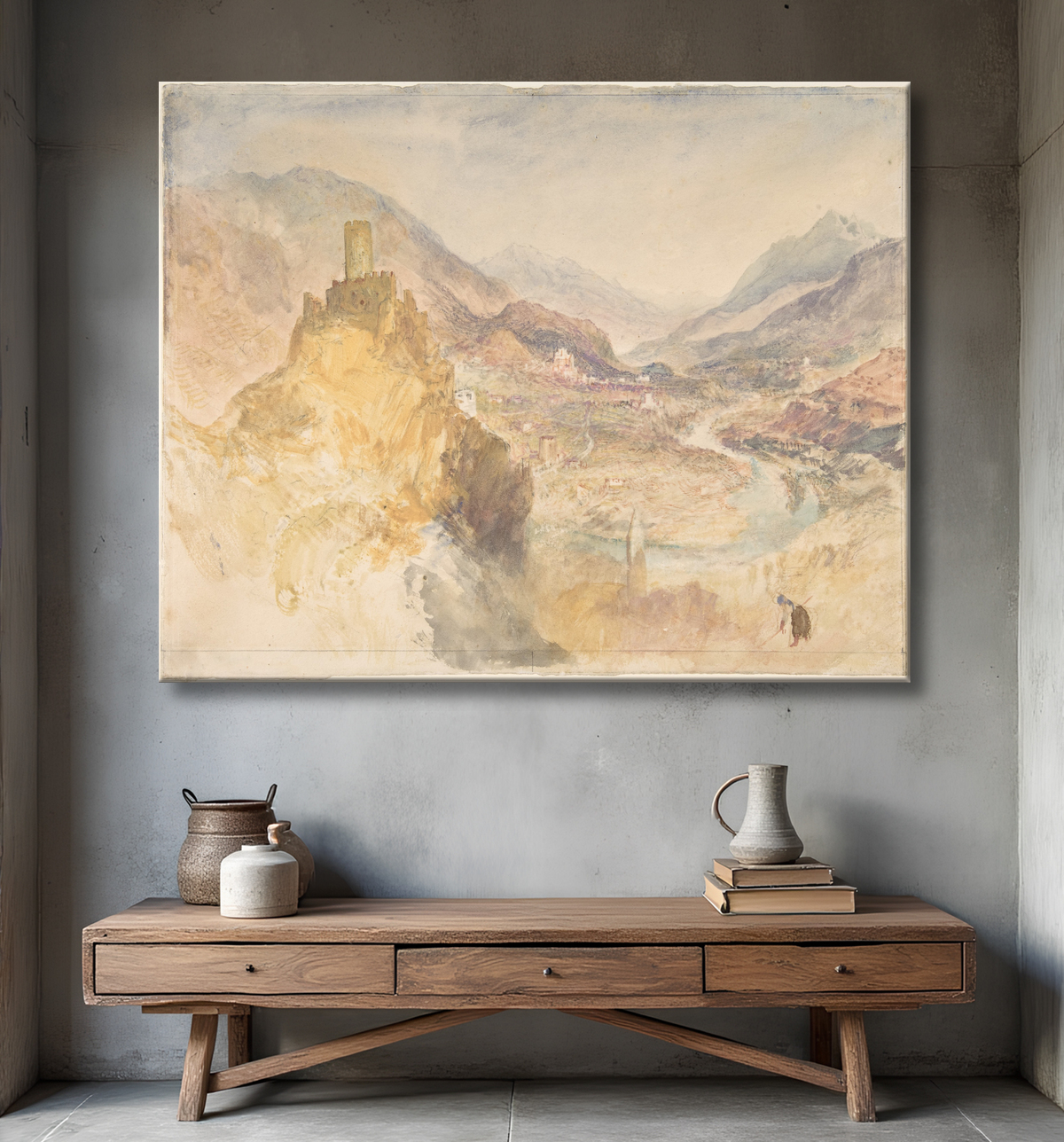 Reproduction Chatel Argent et le Val d'Aoste vu du haut de Villeneuve de Joseph Mallord William Turner avec decor
