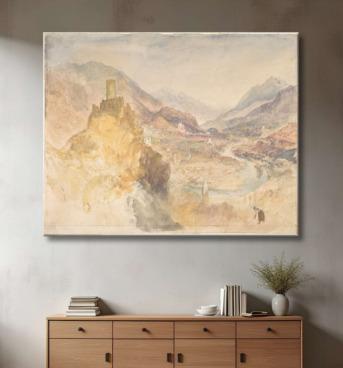 Reproduction Chatel Argent et le Val d'Aoste vu du haut de Villeneuve de Joseph Mallord William Turner avec decor
