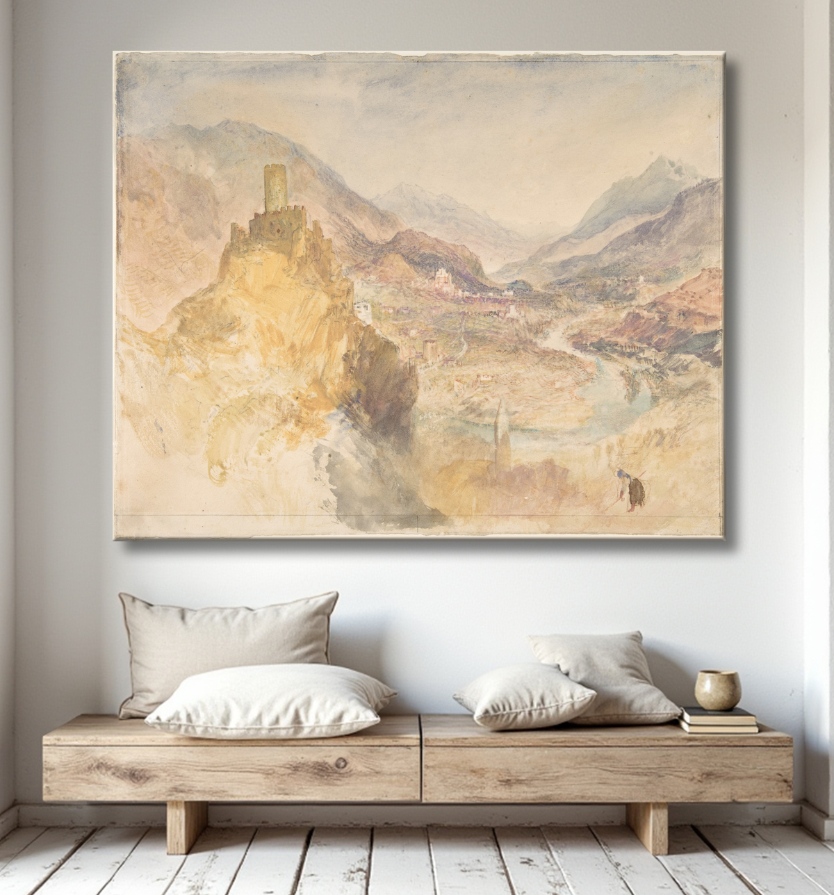Reproduction Chatel Argent et le Val d'Aoste vu du haut de Villeneuve de Joseph Mallord William Turner avec decor