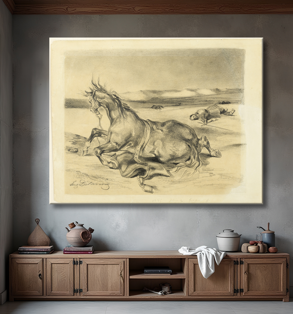Reproduction Cheval déchu et chevalier mort de Eugène Delacroix avec decor