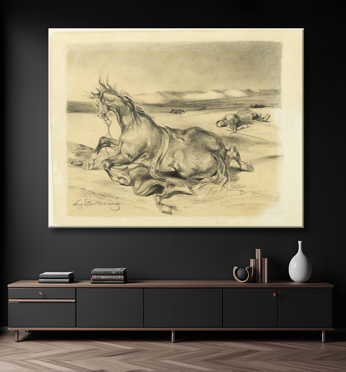 Reproduction Cheval déchu et chevalier mort de Eugène Delacroix avec decor