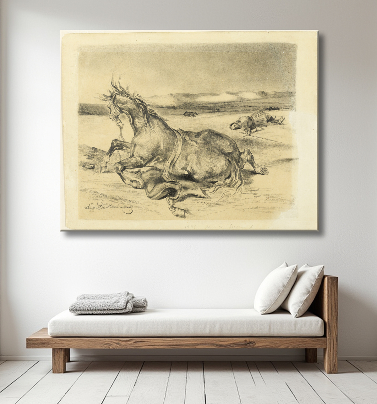 Reproduction Cheval déchu et chevalier mort de Eugène Delacroix avec decor
