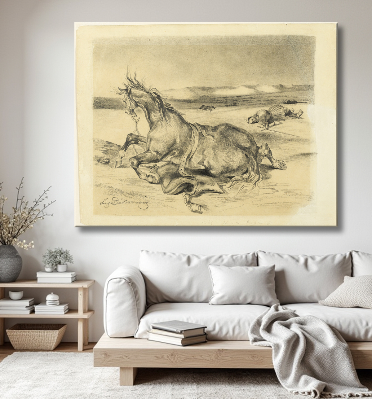 Reproduction Cheval déchu et chevalier mort de Eugène Delacroix avec decor