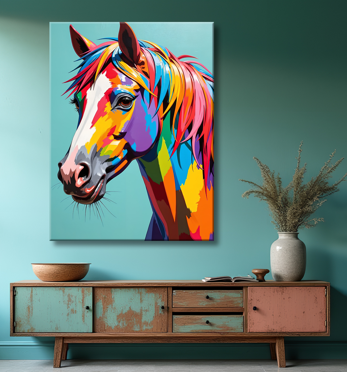 Tableau cheval pop art fond gris bleu avec decor