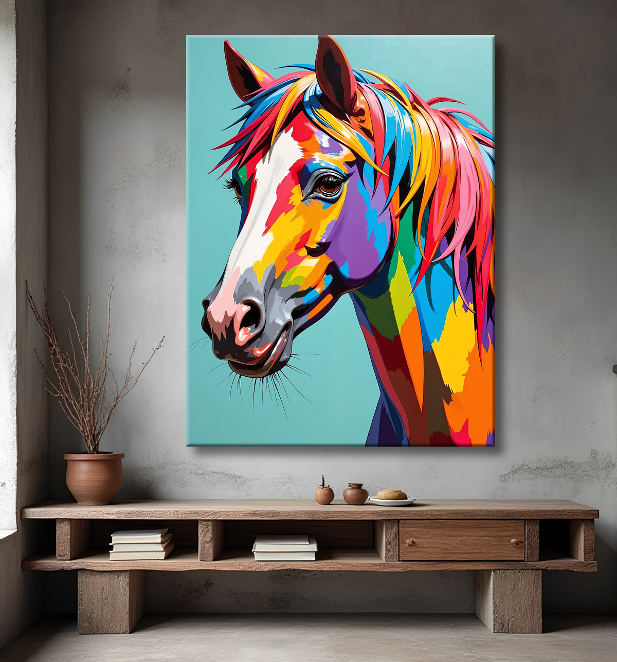 Tableau cheval pop art fond gris bleu avec decor