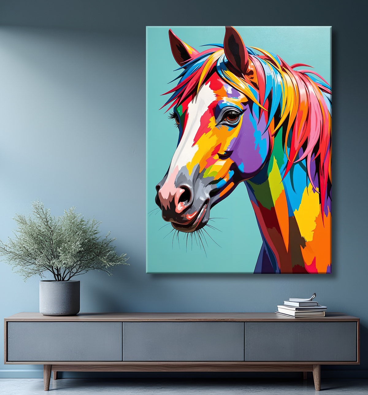 Tableau cheval pop art fond gris bleu avec decor