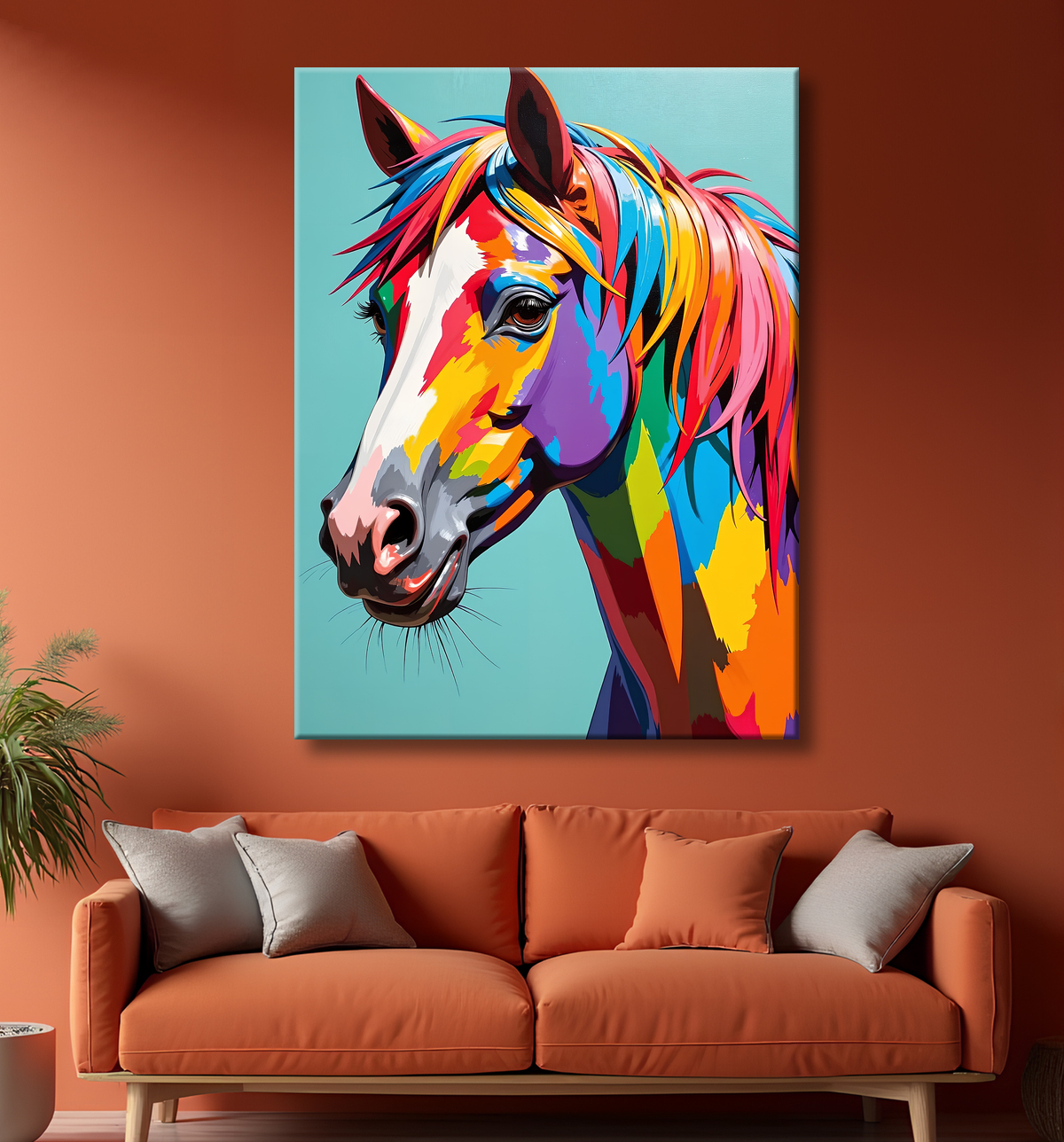 Tableau cheval pop art fond gris bleu avec decor