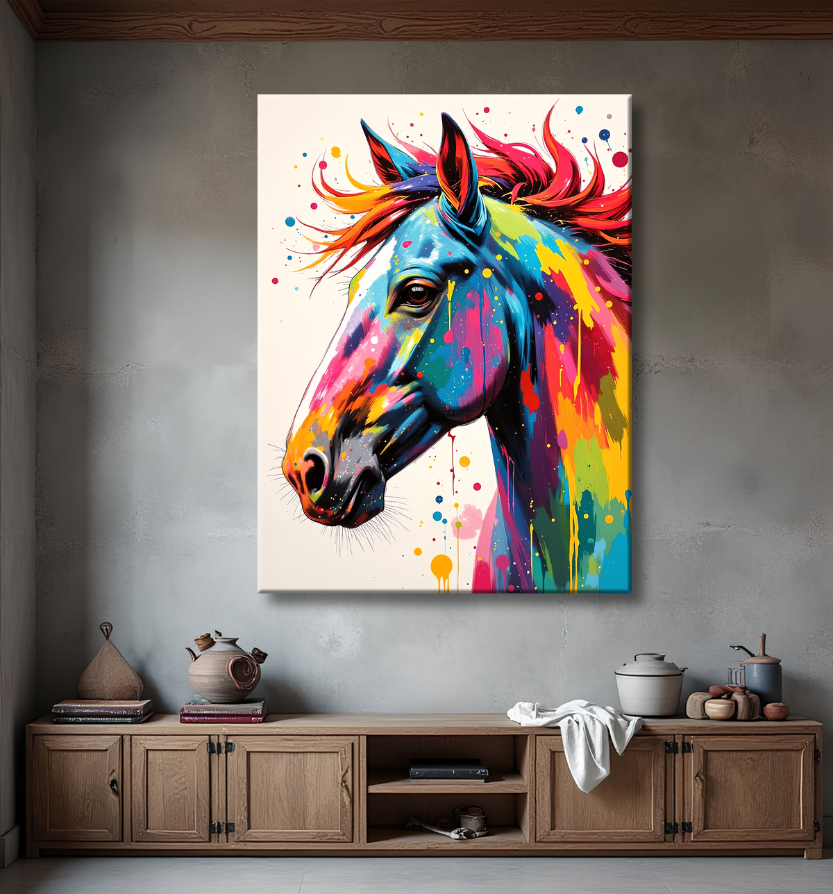 Tableau cheval pop art fond blanc - Dynamisme et éclaboussures de couleurs avec decor