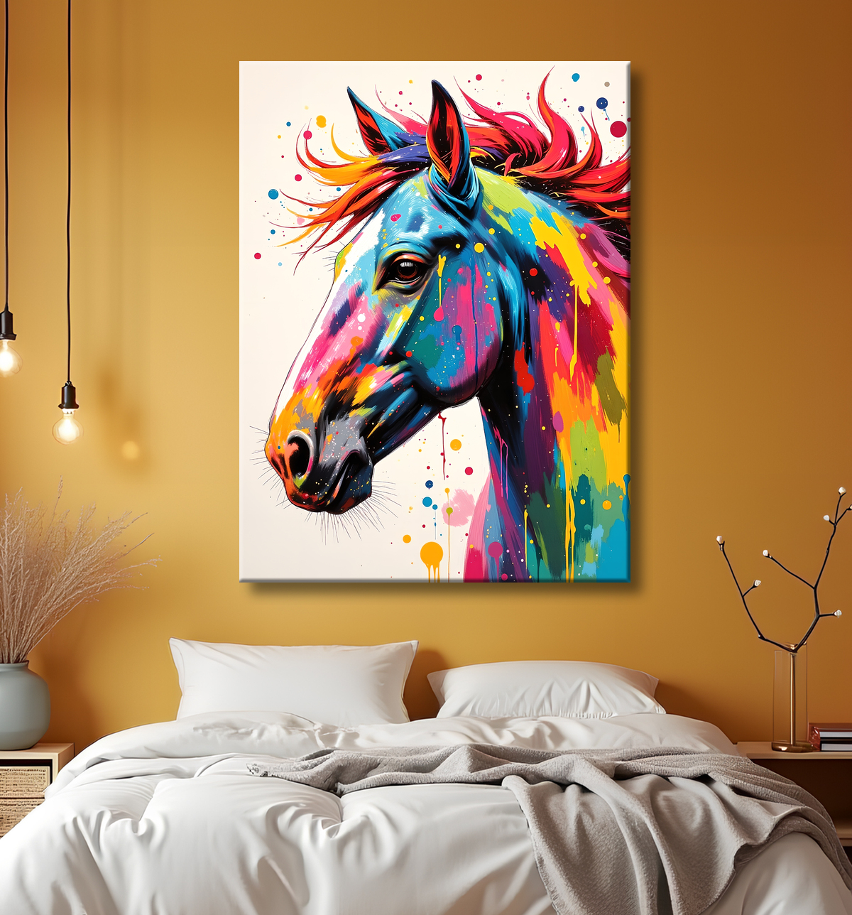 Tableau cheval pop art fond blanc - Dynamisme et éclaboussures de couleurs avec decor