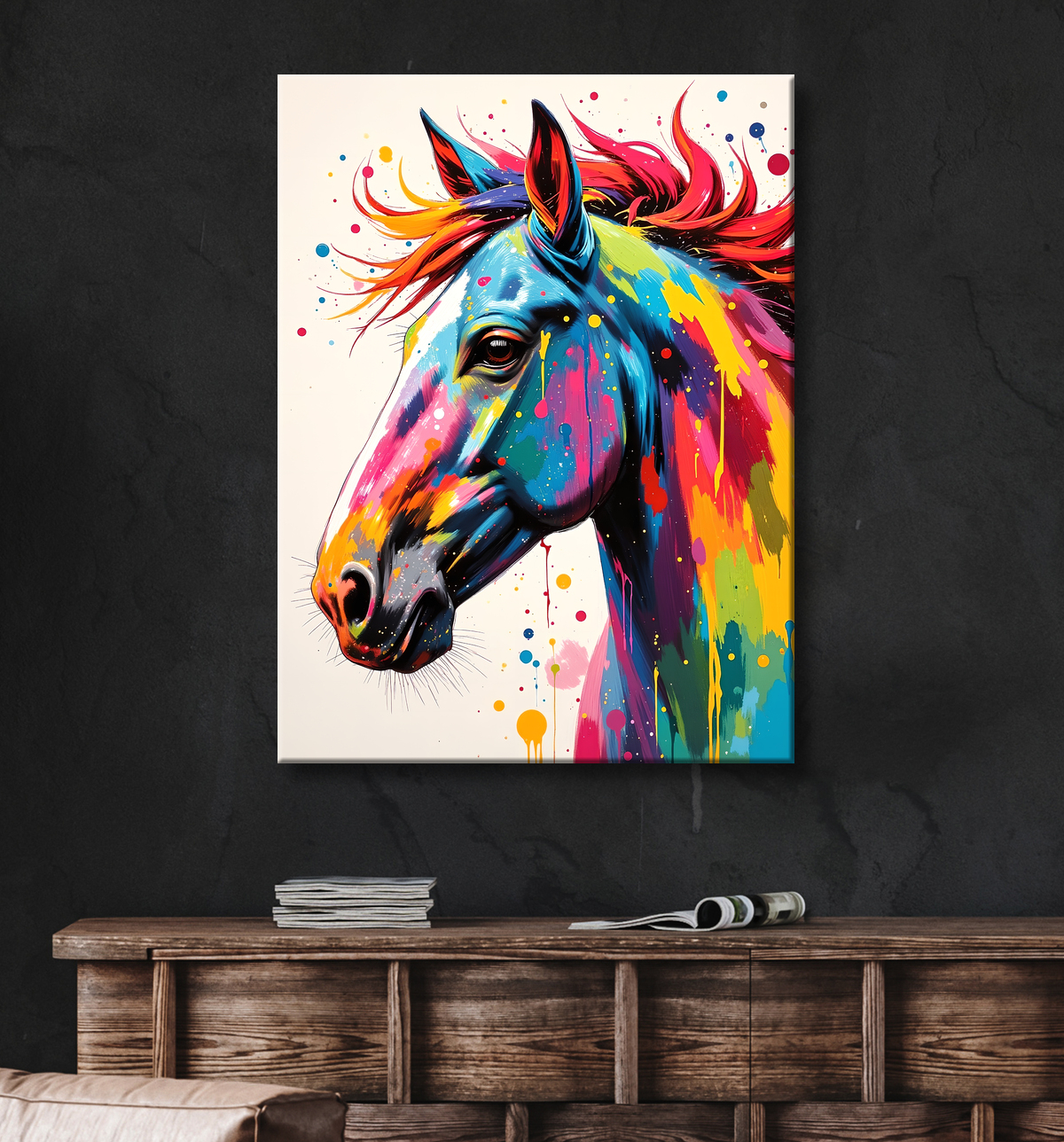 Tableau cheval pop art fond blanc - Dynamisme et éclaboussures de couleurs avec decor