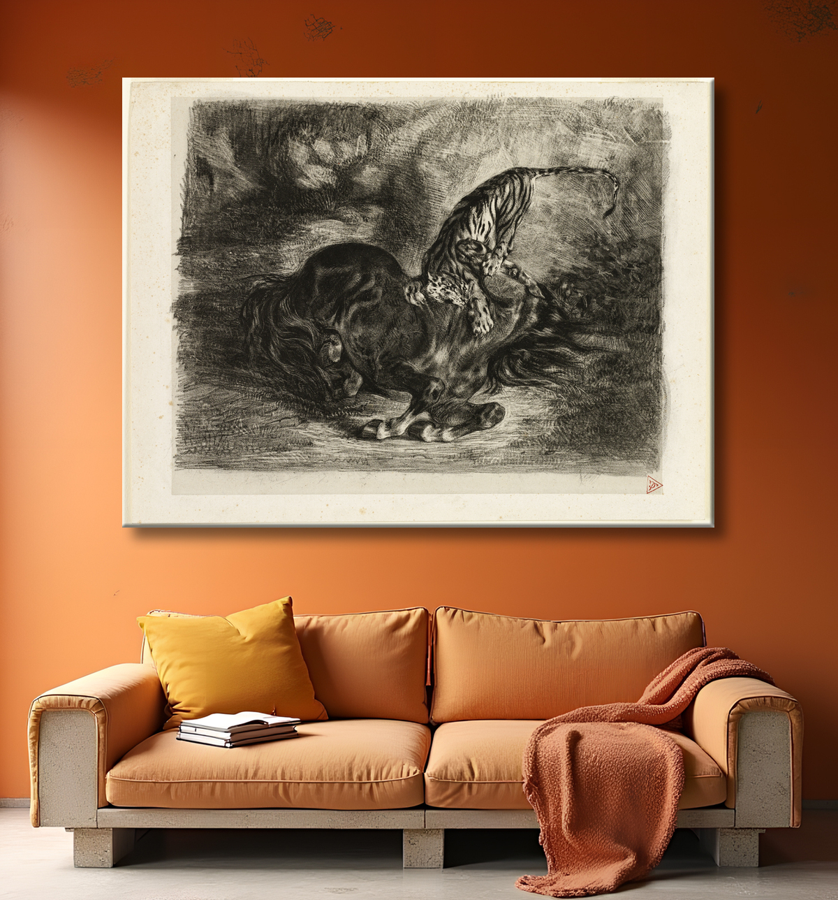 Reproduction Cheval sauvage abattu par un tigre de Eugène Delacroix avec decor