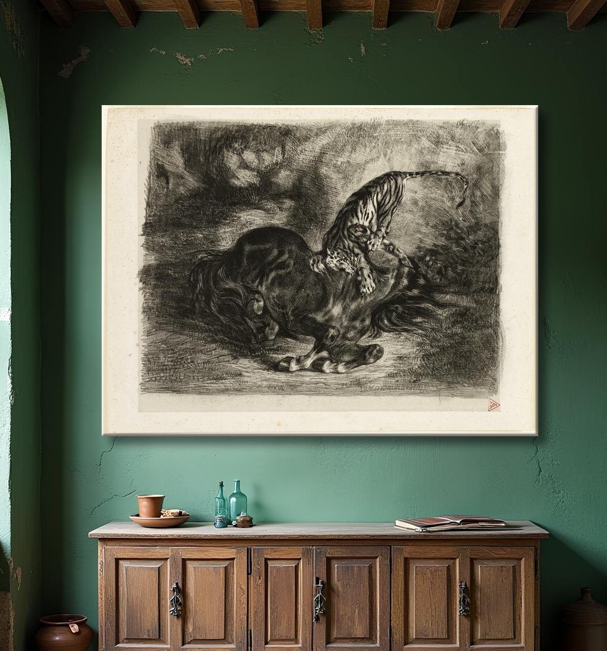 Reproduction Cheval sauvage abattu par un tigre de Eugène Delacroix avec decor