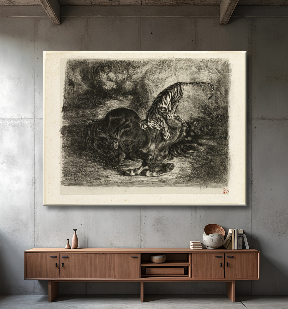 Reproduction Cheval sauvage abattu par un tigre de Eugène Delacroix avec decor