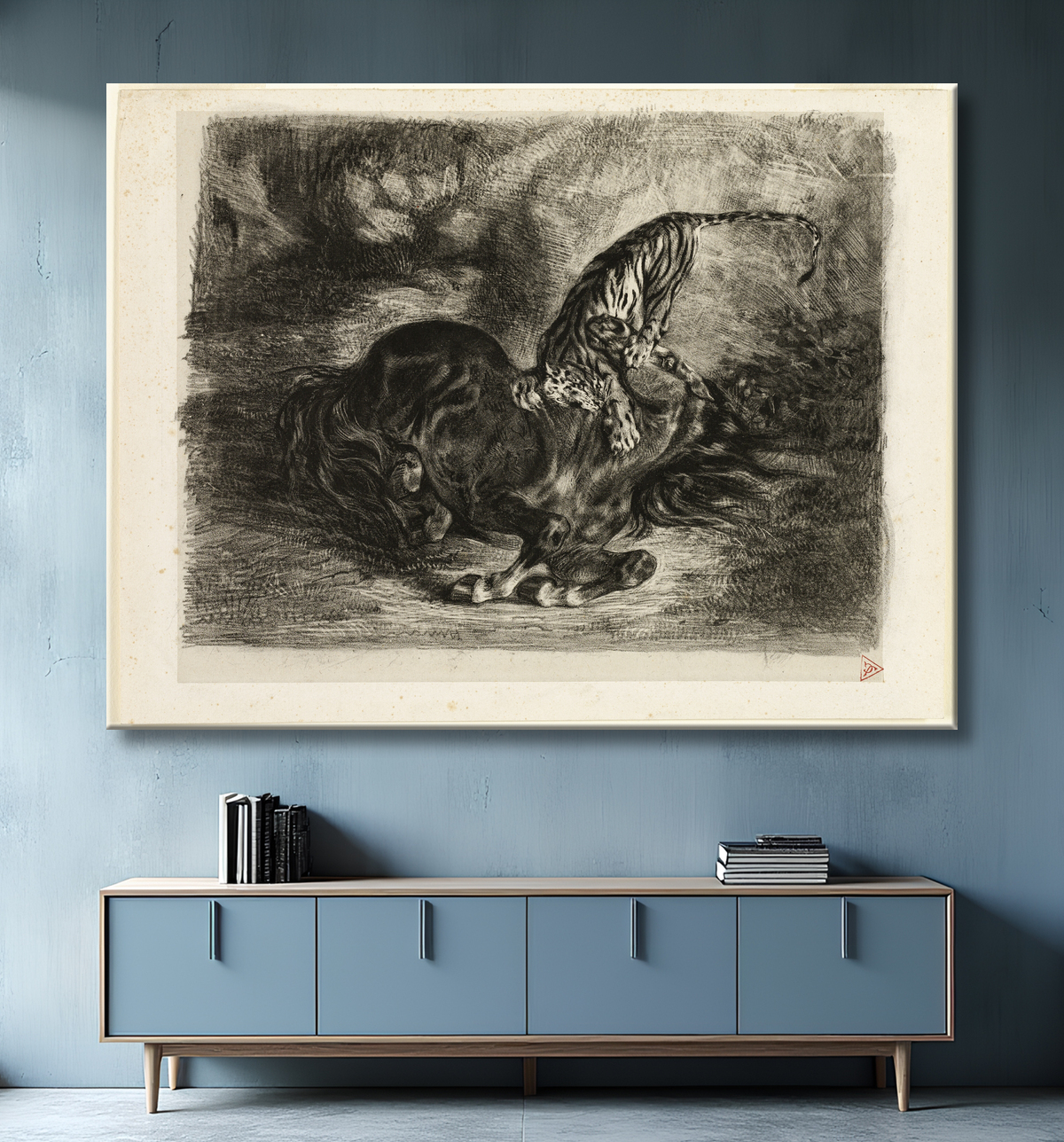 Reproduction Cheval sauvage abattu par un tigre de Eugène Delacroix avec decor