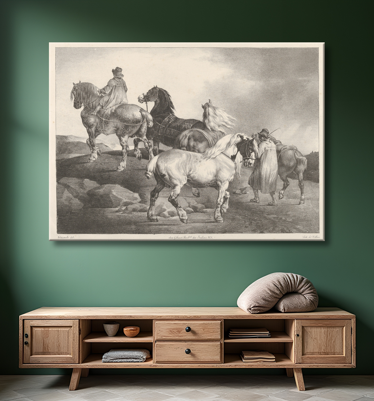 Reproduction Chevaux conduits à une foire de Théodore Gericault avec decor