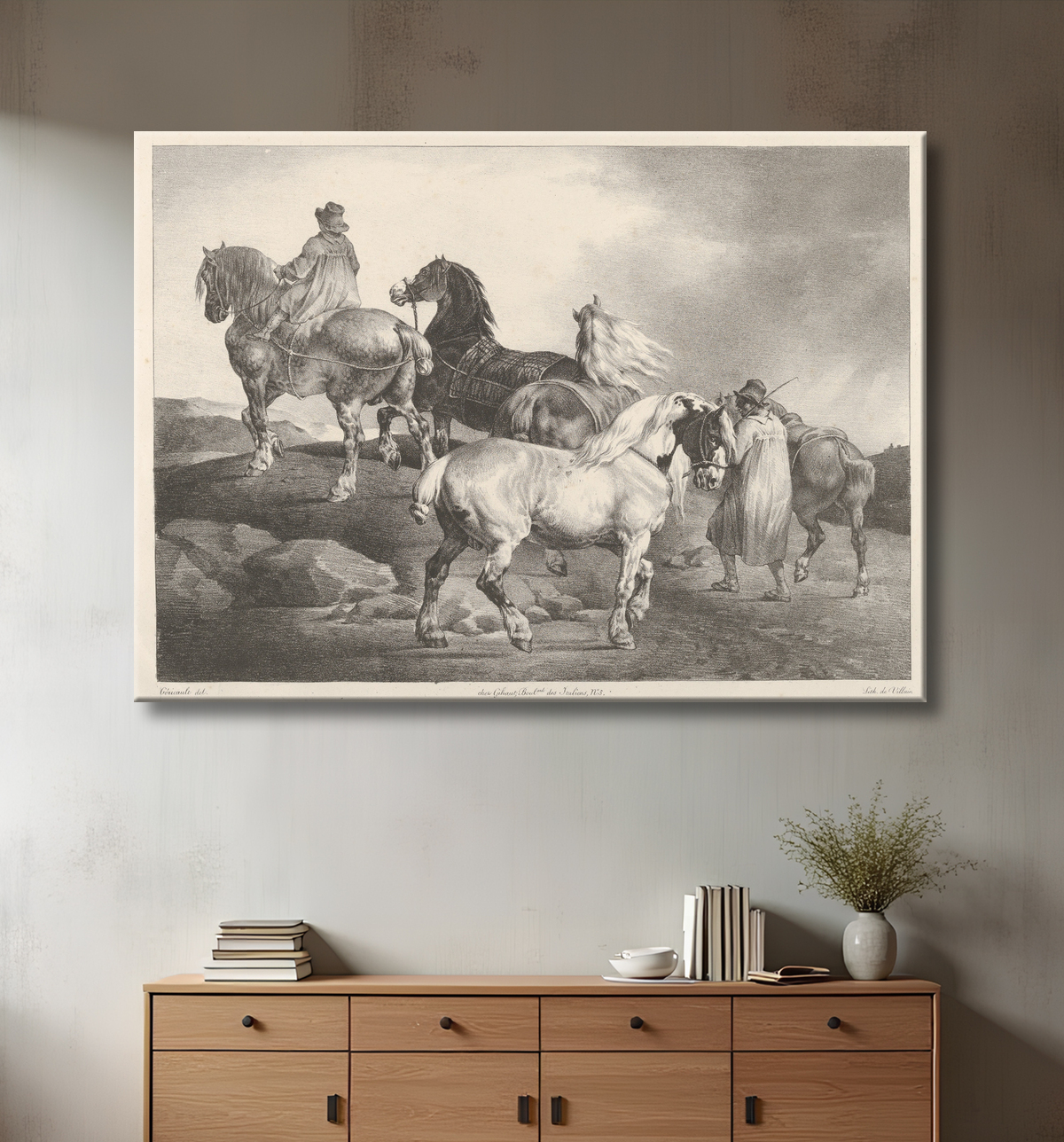 Reproduction Chevaux conduits à une foire de Théodore Gericault avec decor
