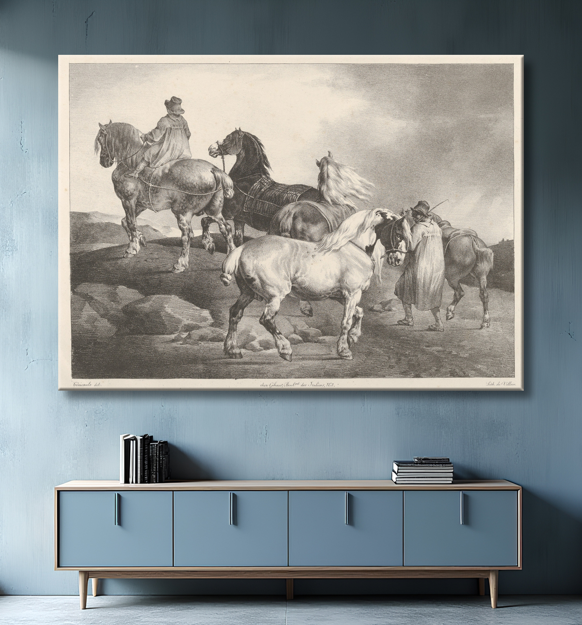 Reproduction Chevaux conduits à une foire de Théodore Gericault avec decor