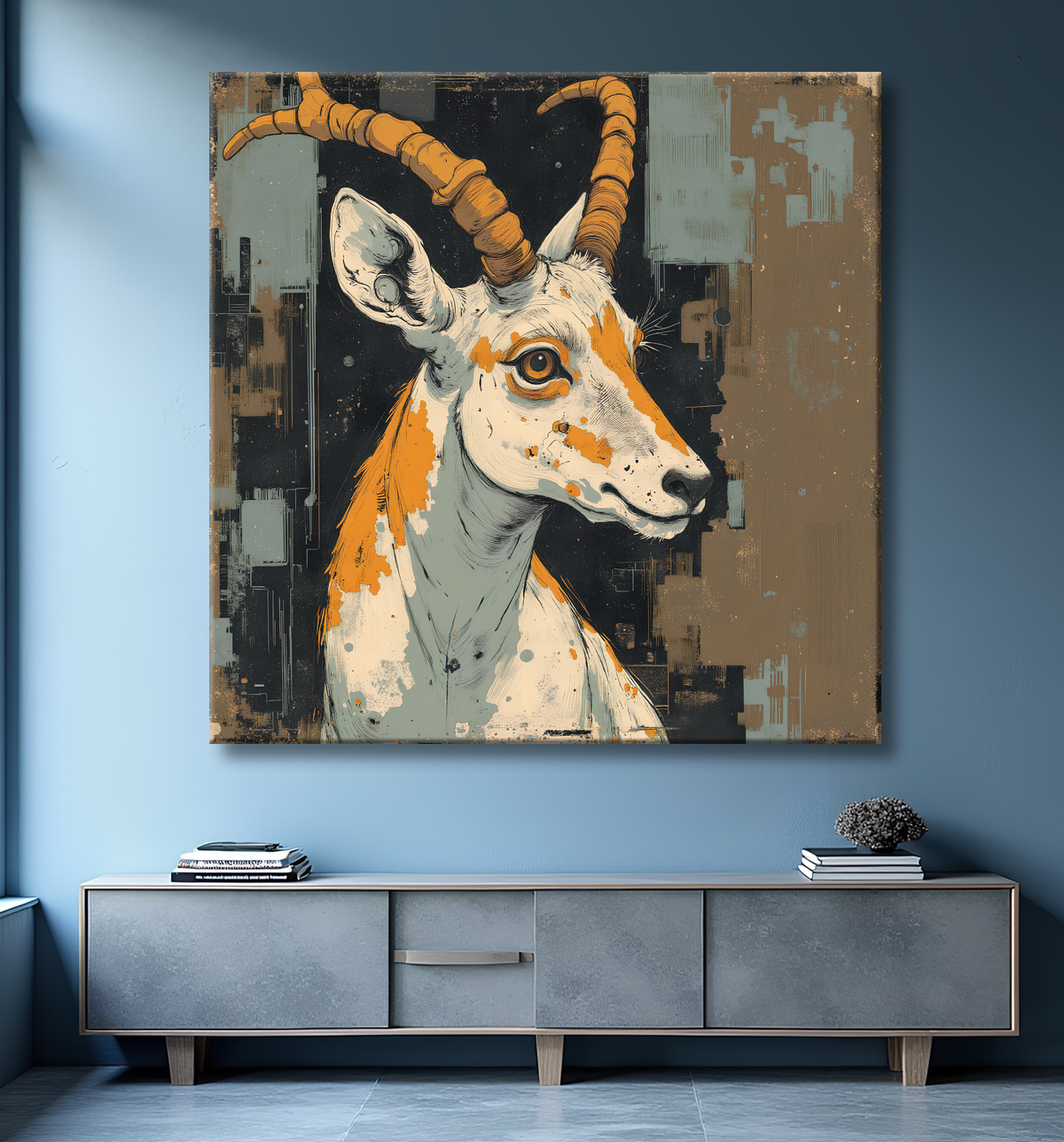 Tableau chèvre moderne - Peinture animalière expressive et graphique avec decor