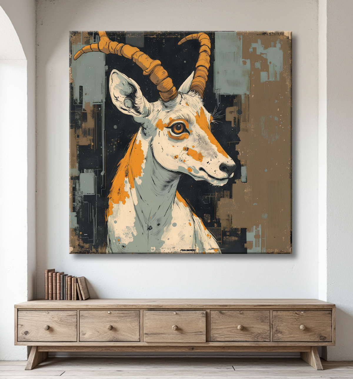 Tableau chèvre moderne - Peinture animalière expressive et graphique avec decor