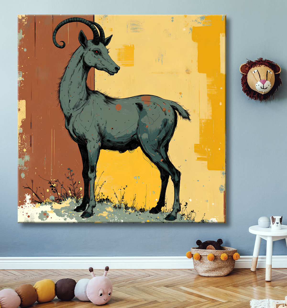 Tableau chèvre moderne - Peinture animalière expressive et graphique avec decor