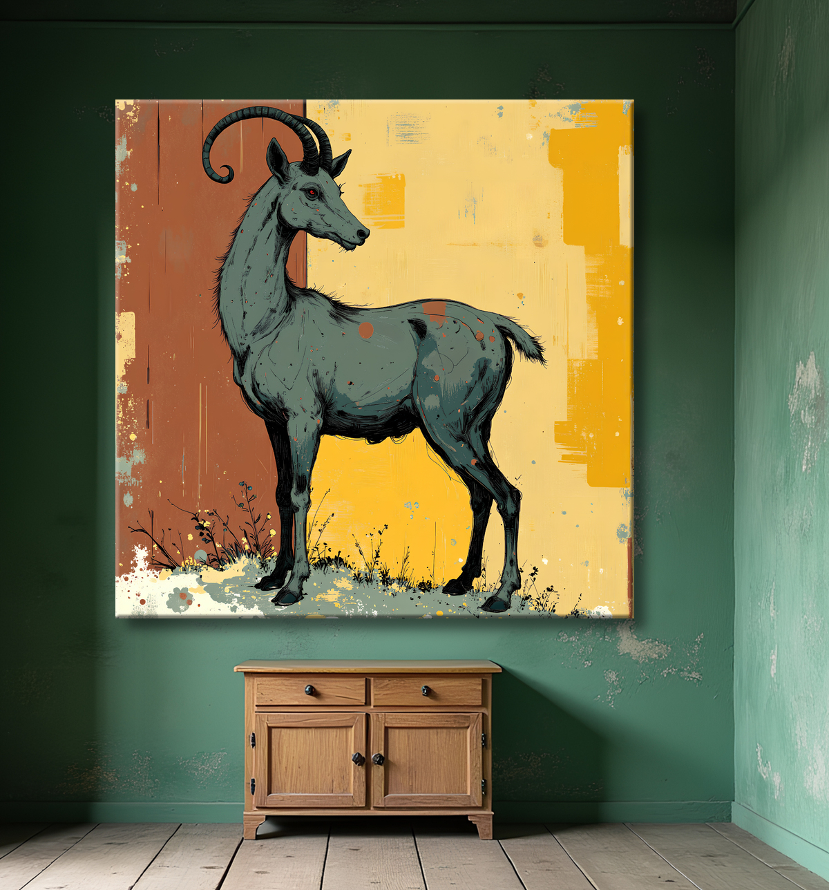 Tableau chèvre moderne - Peinture animalière expressive et graphique avec decor
