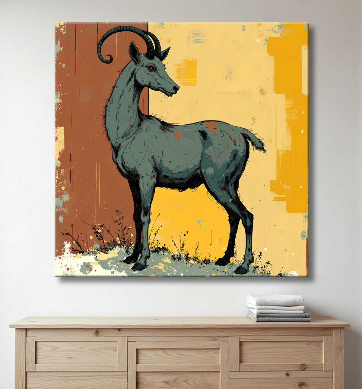 Tableau chèvre moderne - Peinture animalière expressive et graphique avec decor