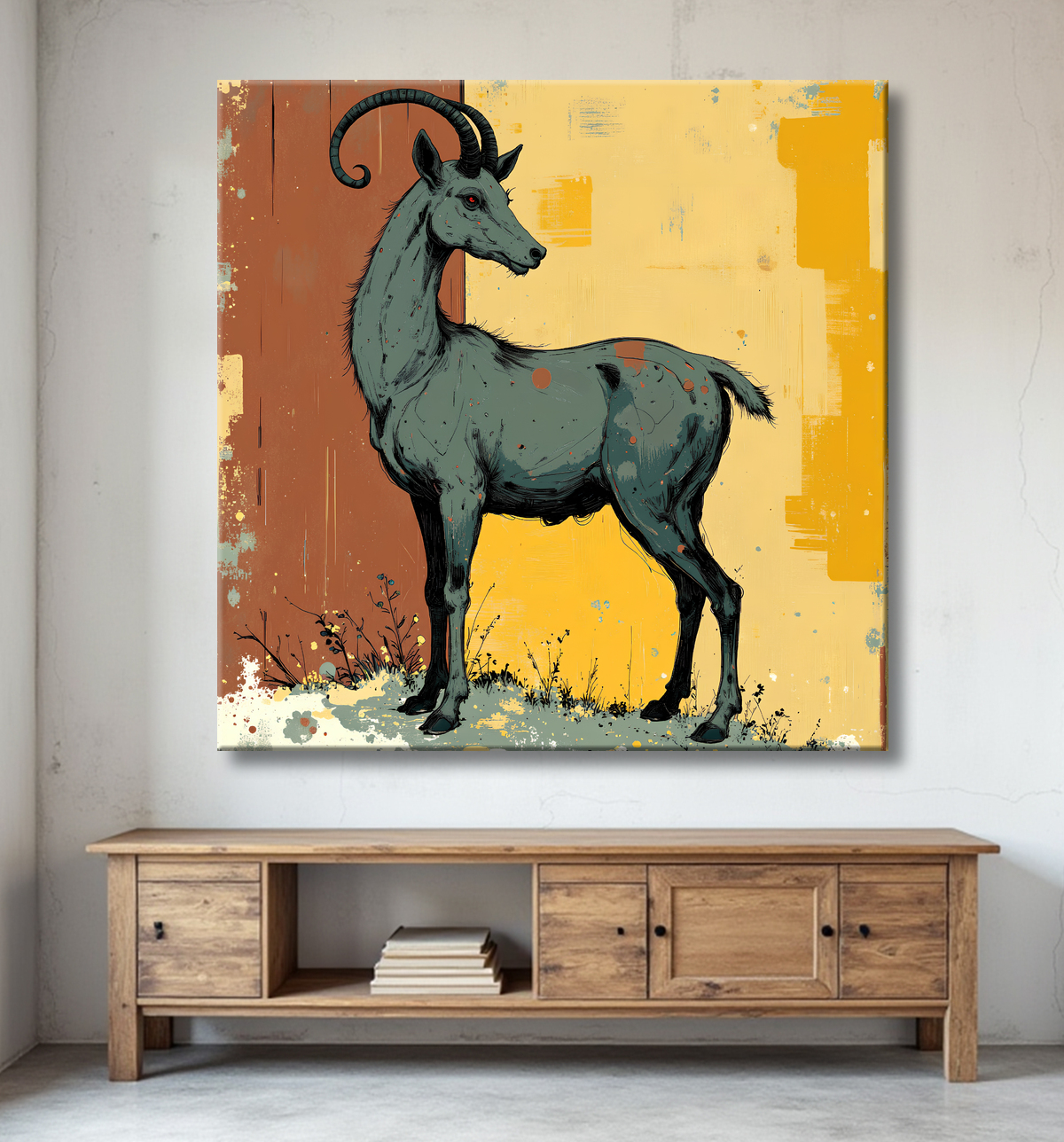 Tableau chèvre moderne - Peinture animalière expressive et graphique avec decor