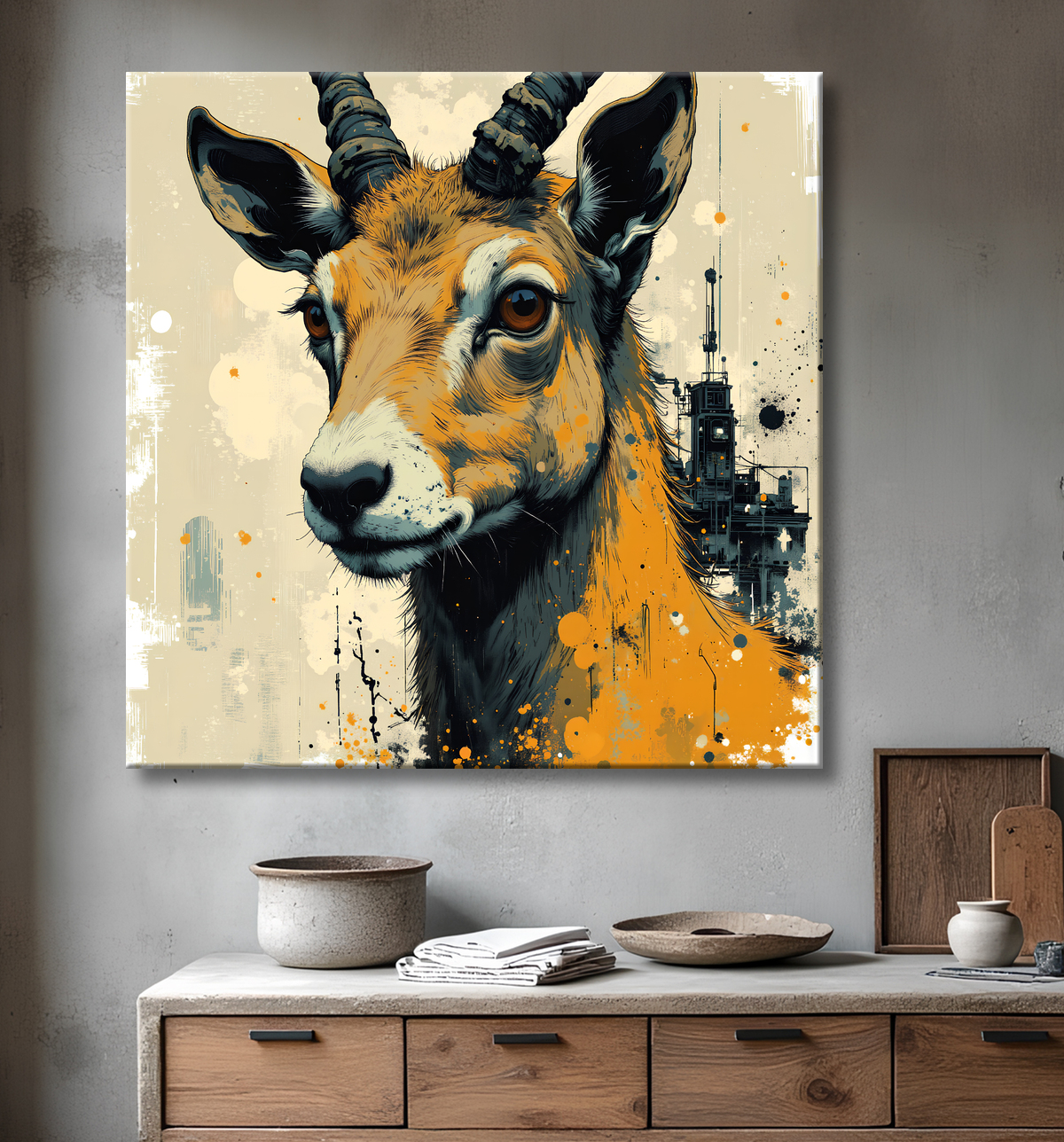 Tableau chèvre moderne - Peinture animalière expressive et graphique avec decor