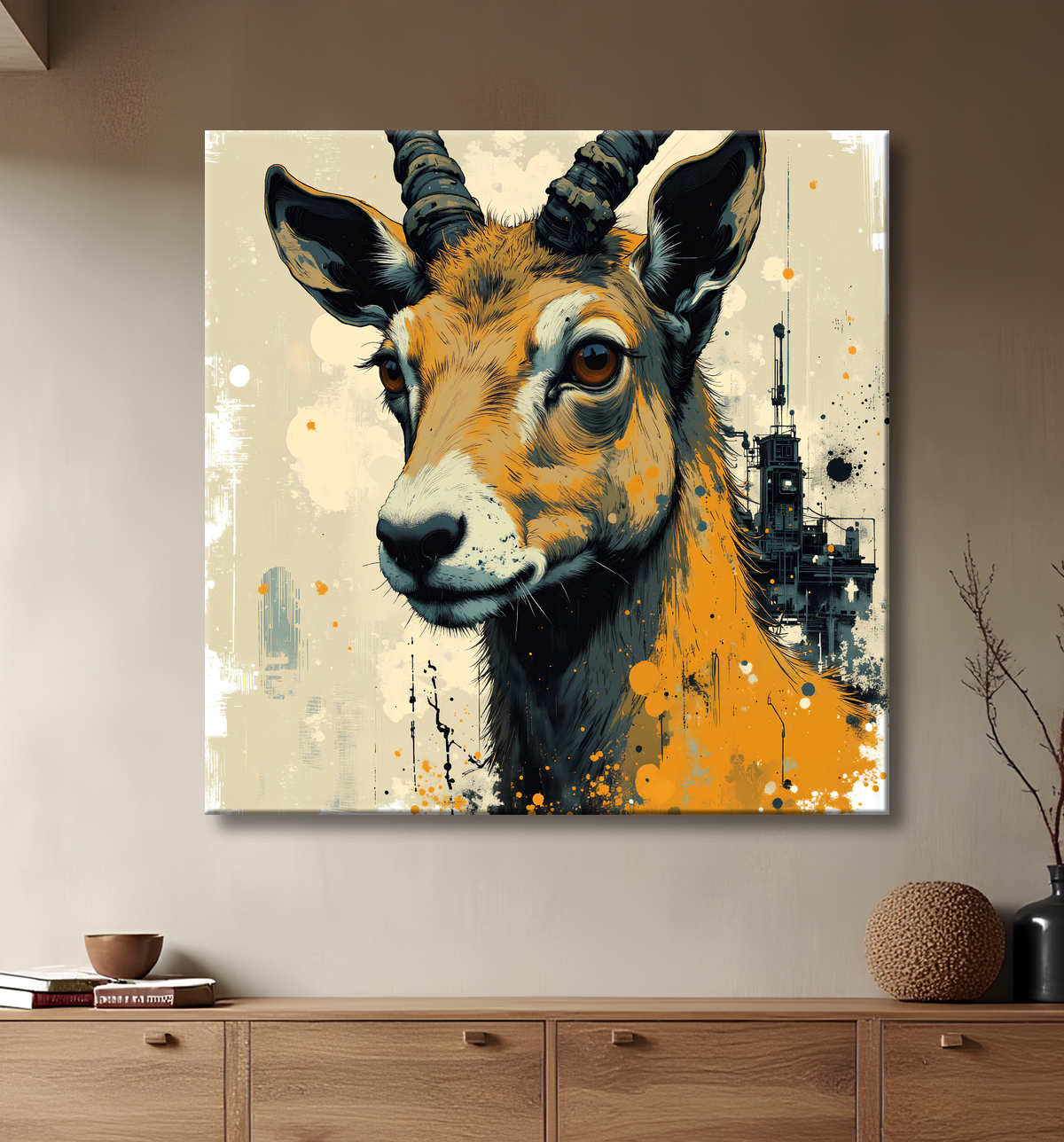 Tableau chèvre moderne - Peinture animalière expressive et graphique avec decor