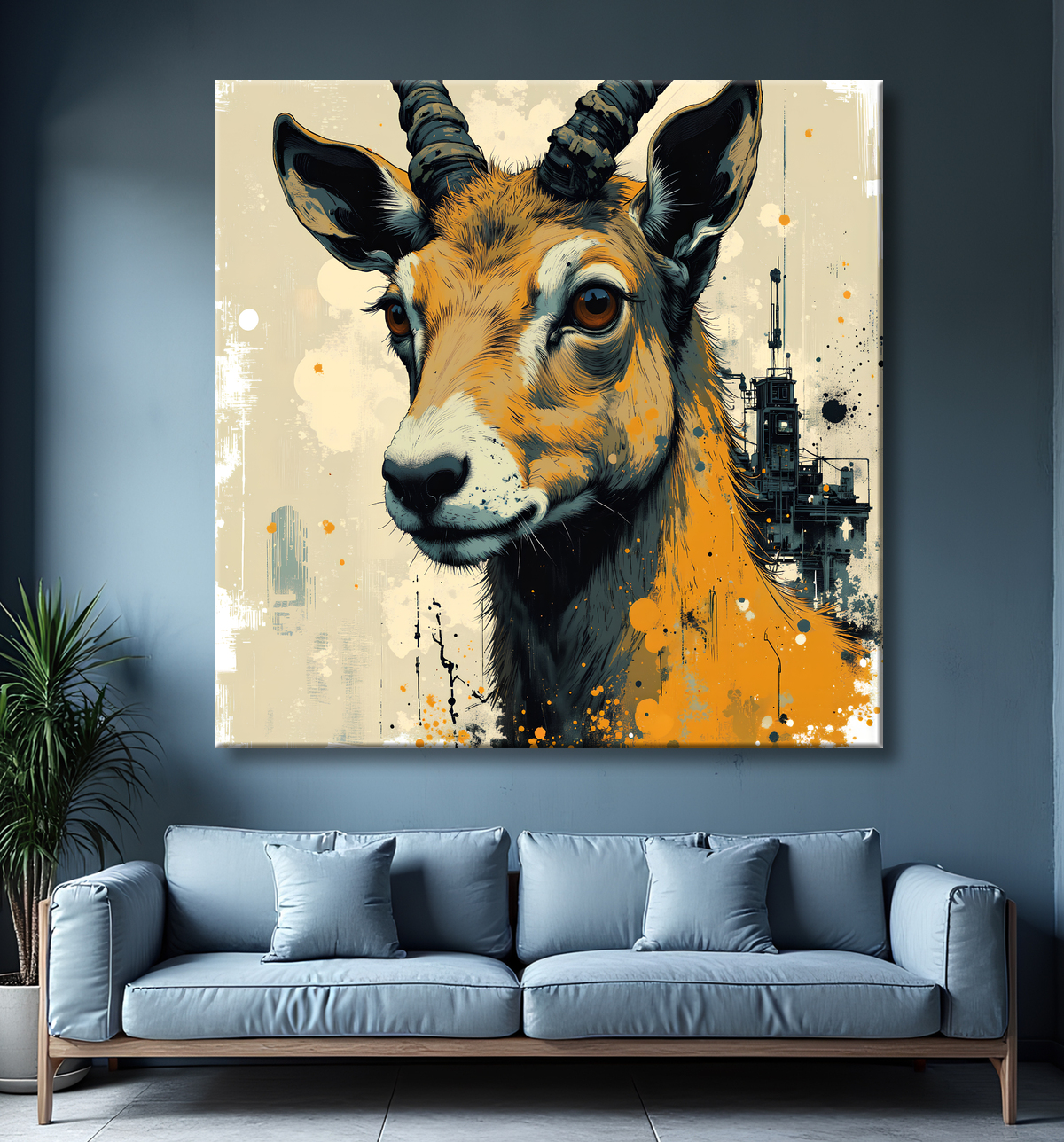 Tableau chèvre moderne - Peinture animalière expressive et graphique avec decor