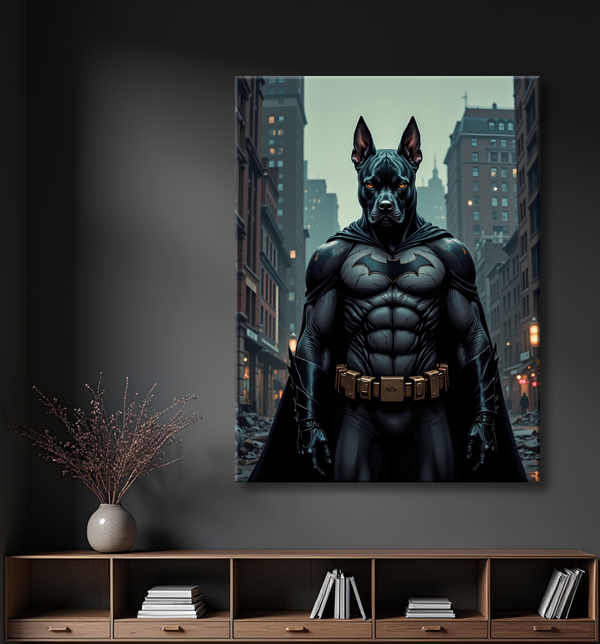 Tableau chien staffie super-héros dark | Décoration originale et urbaine avec decor