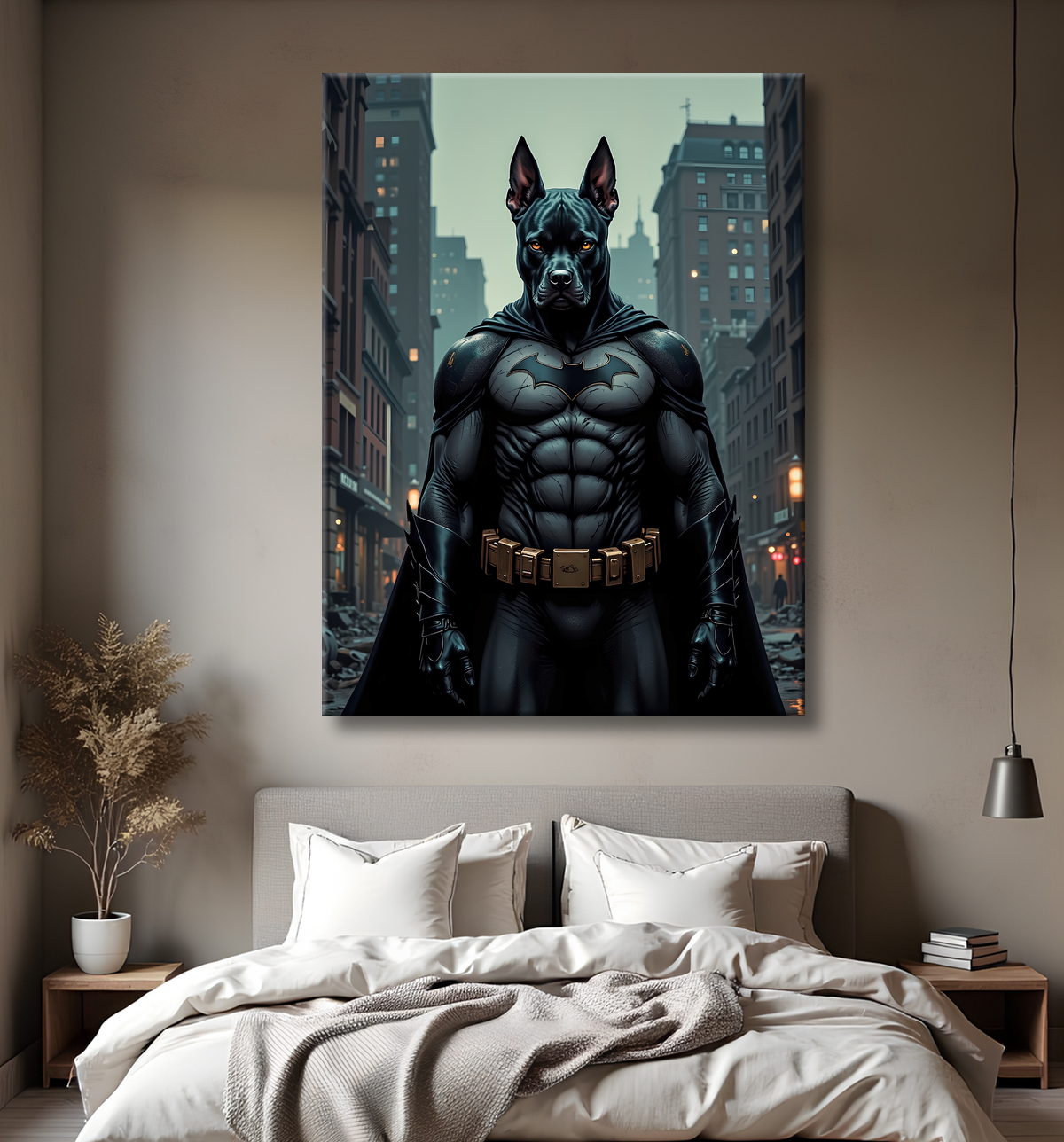 Tableau chien staffie super-héros dark | Décoration originale et urbaine avec decor