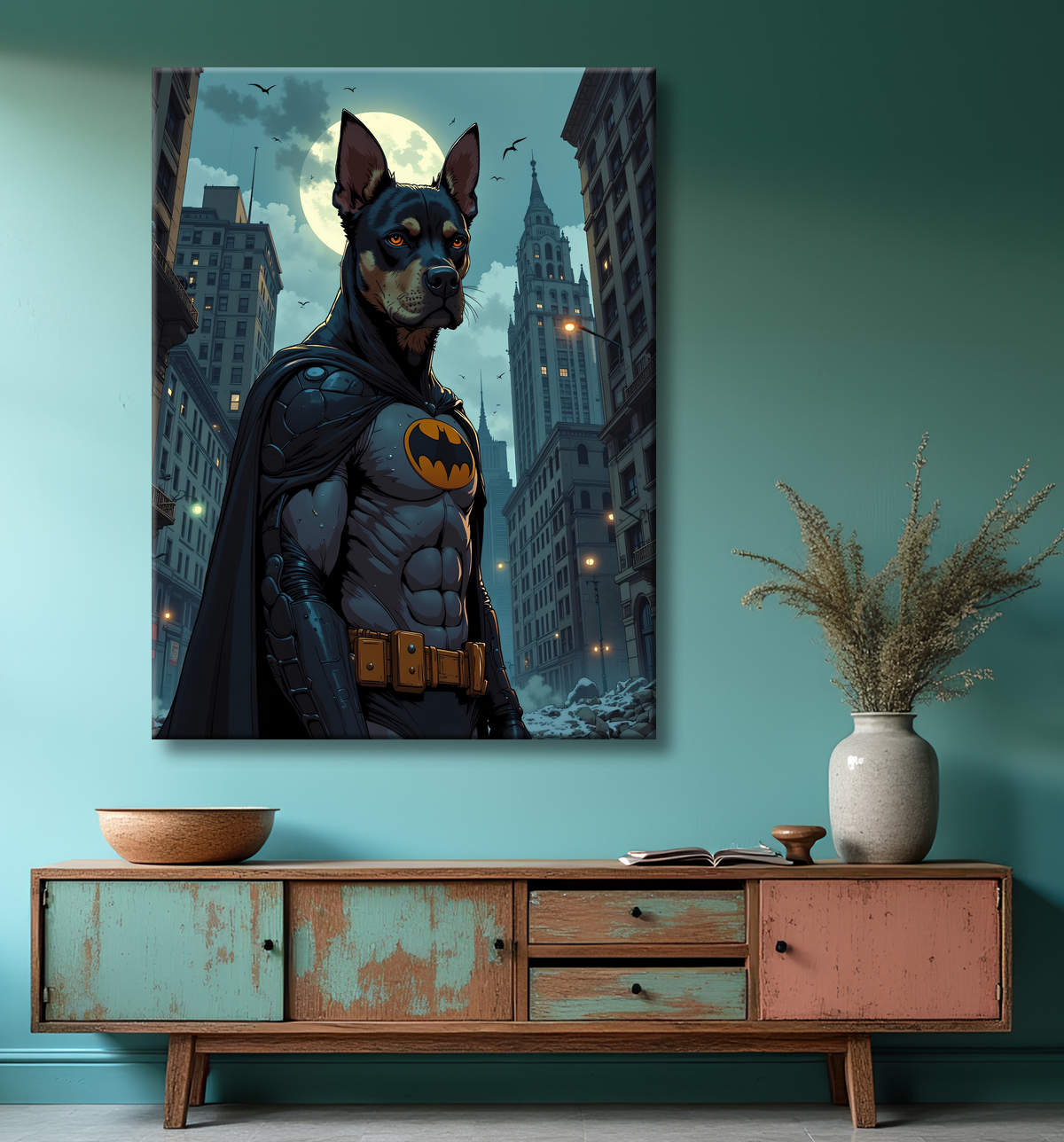Tableau chien staffie super-héros dark | Décoration originale et urbaine avec decor
