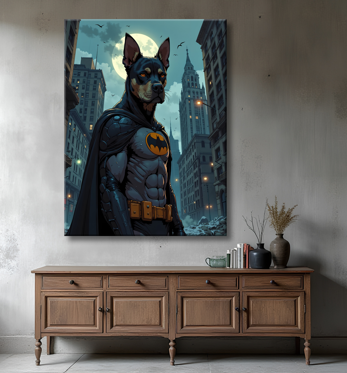 Tableau chien staffie super-héros dark | Décoration originale et urbaine avec decor