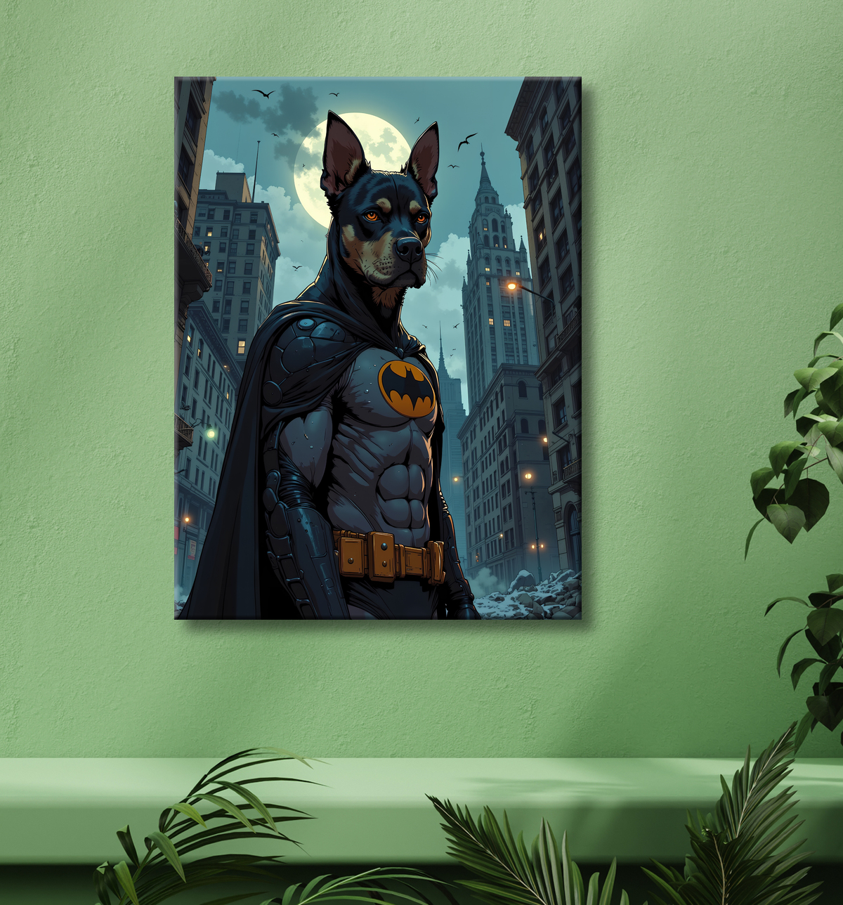Tableau chien staffie super-héros dark | Décoration originale et urbaine avec decor