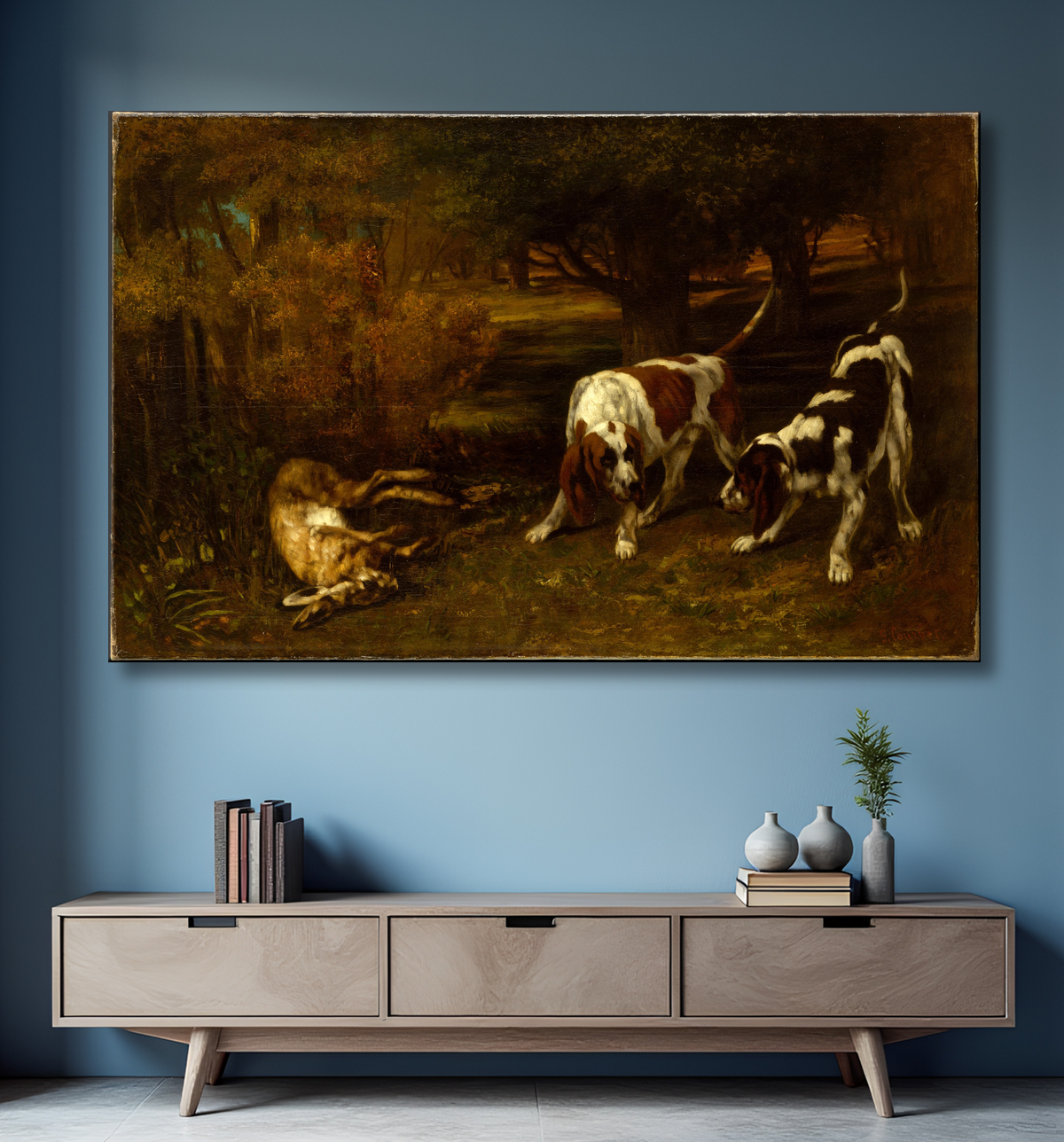 Reproduction Chiens de chasse avec lièvre mort de Gustave Courbet avec decor