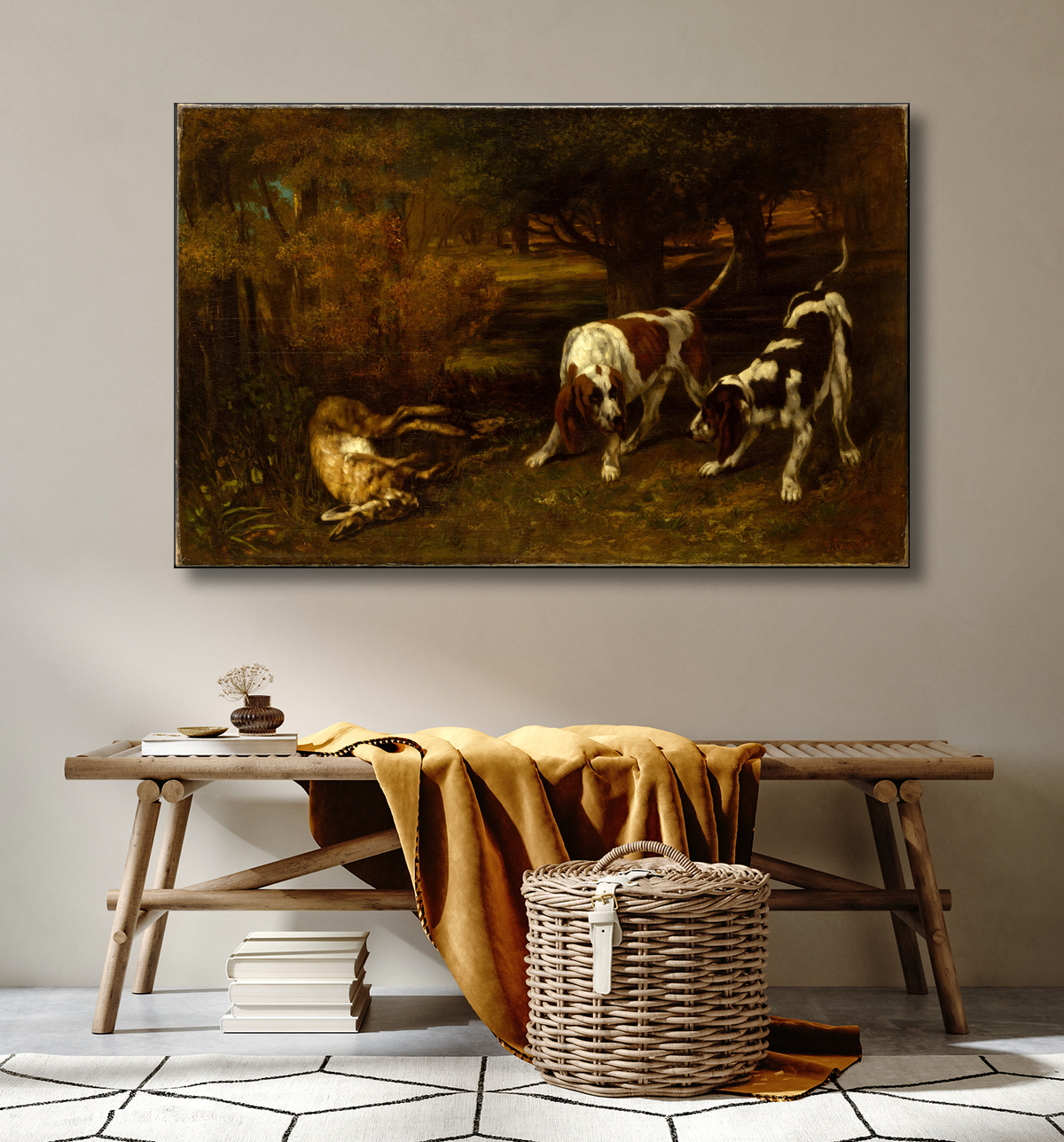 Reproduction Chiens de chasse avec lièvre mort de Gustave Courbet avec decor