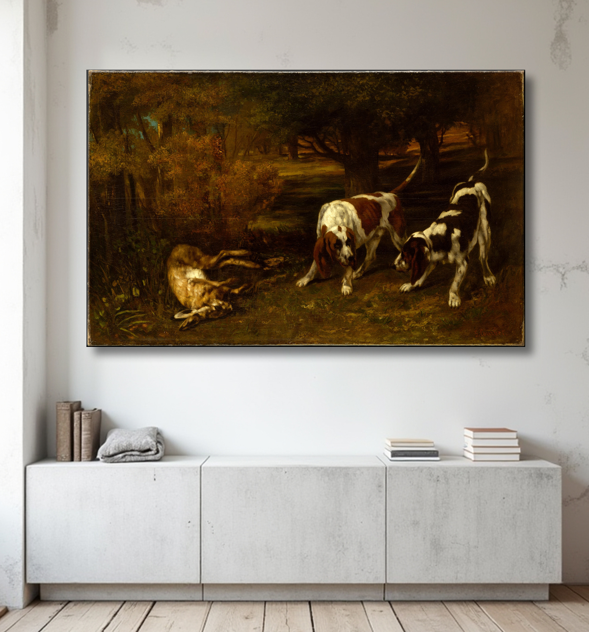 Reproduction Chiens de chasse avec lièvre mort de Gustave Courbet avec decor